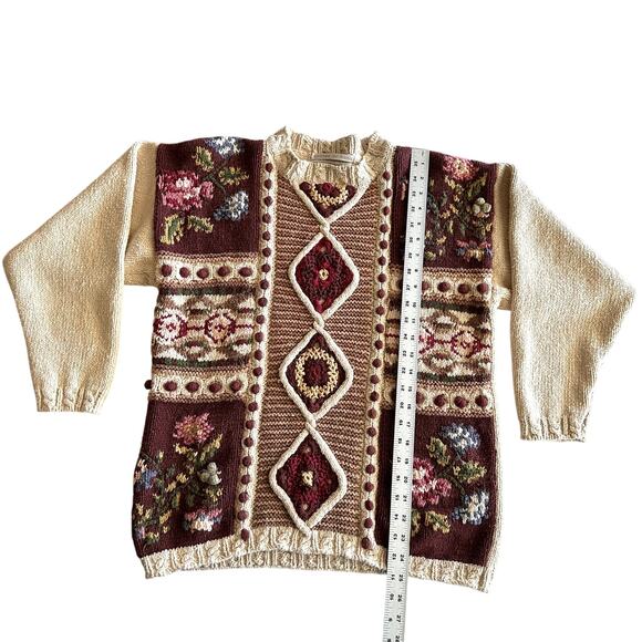 Jennifer & Company VTG 90s Hand Knit Cotton Blend Cottage Cabbage Rose Sweater L - Picture 6 of 10